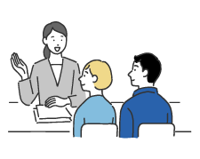 2人の男性と案内している女性のイラスト